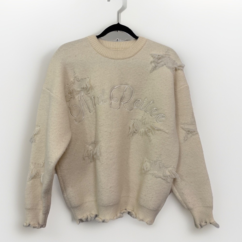 ANDREILEE Streetwear Sweater Mens Small Ivory Distressed Logo Star Grunge Knit